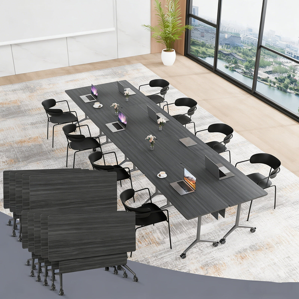 Folding Conference Room Tables with Silent Wheels, 6-12 Person Modern Foldable Modular Meeting Training desk for Office Seminar Boardroom (61 Ebony 8)