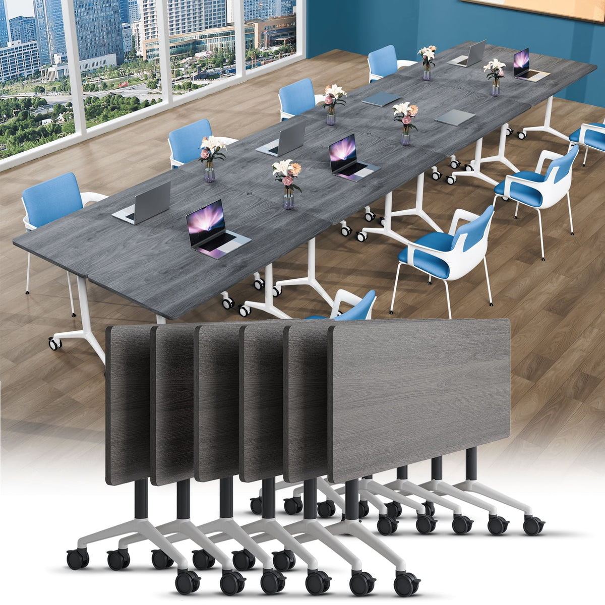 Folding Conference Room Tables with Silent Wheels, 6-12 Person Modern Foldable Modular Meeting Training desk for Office Seminar Boardroom (61 Ebony 8)
