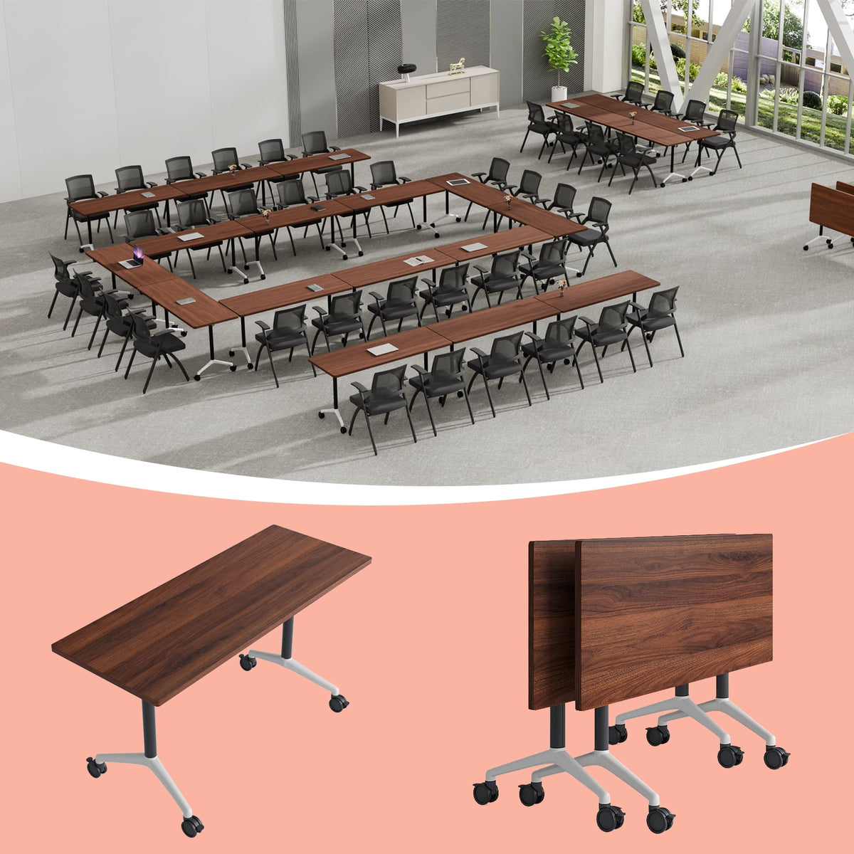 Folding Conference Room Tables with Silent Wheels, 6-12 Person Modern Foldable Modular Meeting Training desk for Office Seminar Boardroom (61 Ebony 8)