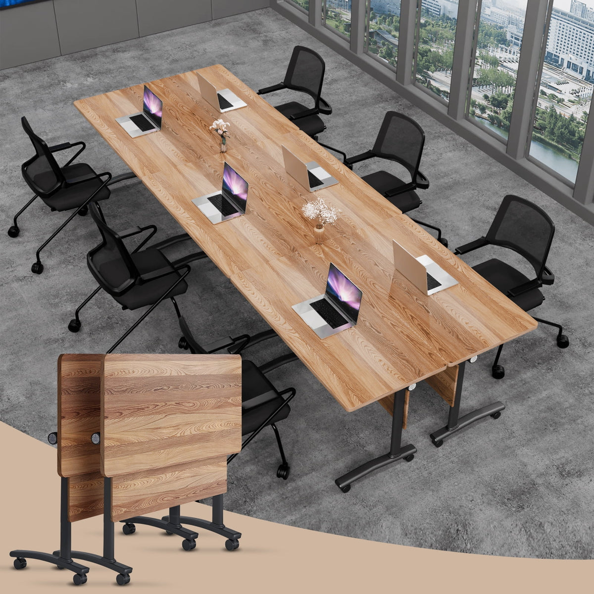Folding Conference Room Tables with Silent Wheels, 6-12 Person Modern Foldable Modular Meeting Training desk for Office Seminar Boardroom (61 Ebony 8)