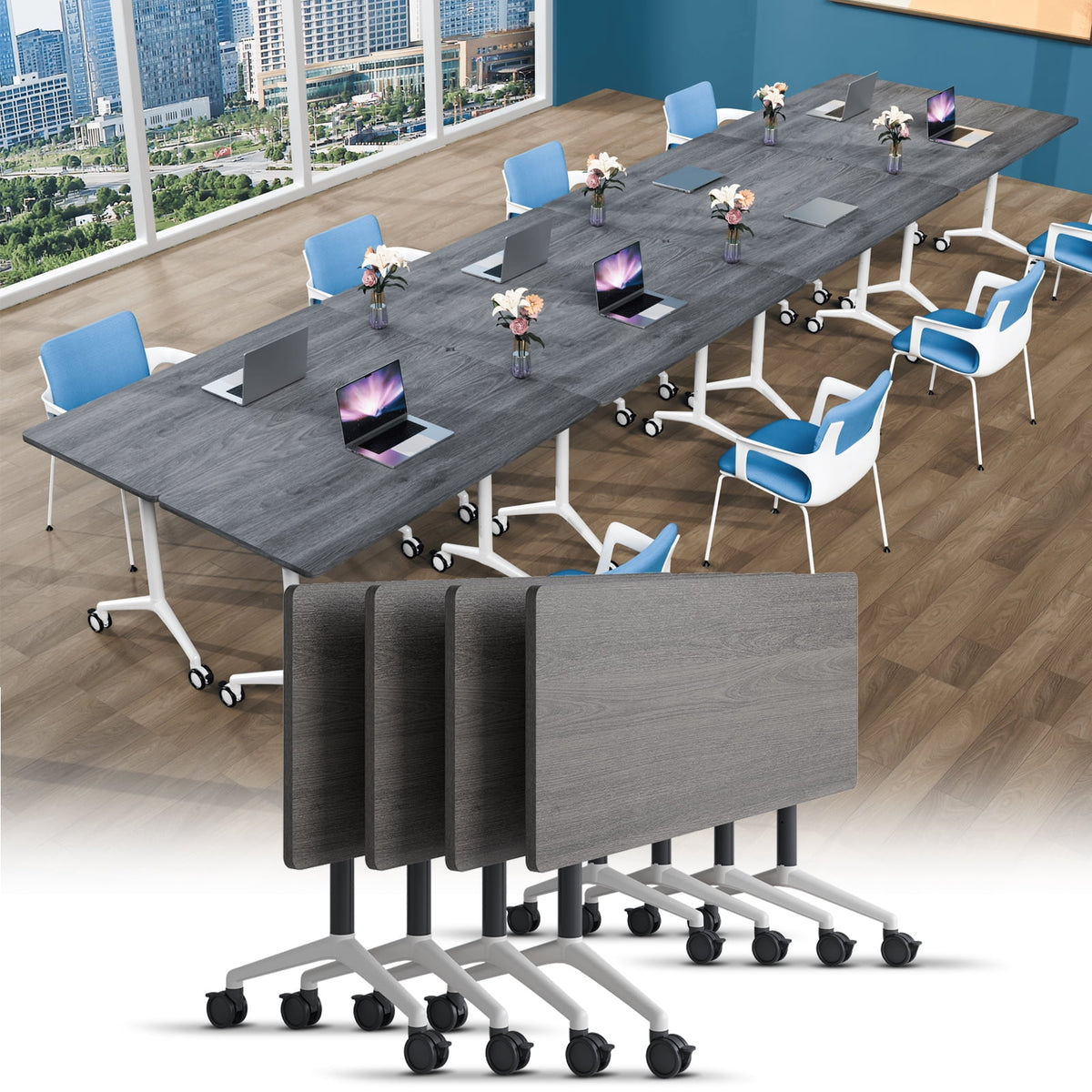 Folding Conference Room Tables with Silent Wheels, 6-12 Person Modern Foldable Modular Meeting Training desk for Office Seminar Boardroom (61 Ebony 8)
