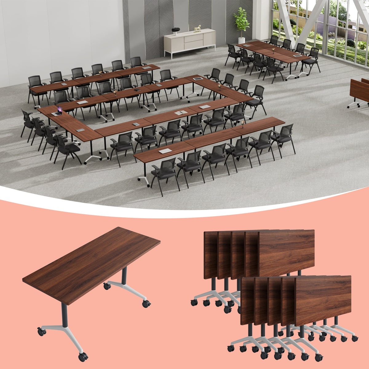 Folding Conference Room Tables with Silent Wheels, 6-12 Person Modern Foldable Modular Meeting Training desk for Office Seminar Boardroom (61 Ebony 8)