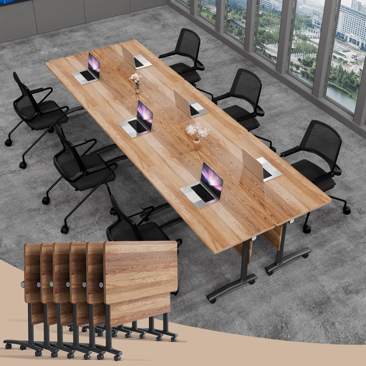Folding Conference Room Tables with Silent Wheels, 6-12 Person Modern Foldable Modular Meeting Training desk for Office Seminar Boardroom (61 Ebony 8)