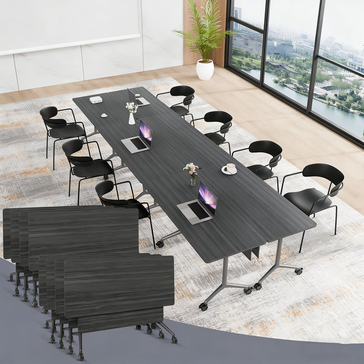 Folding Conference Room Tables with Silent Wheels, 6-12 Person Modern Foldable Modular Meeting Training desk for Office Seminar Boardroom (61 Ebony 8)