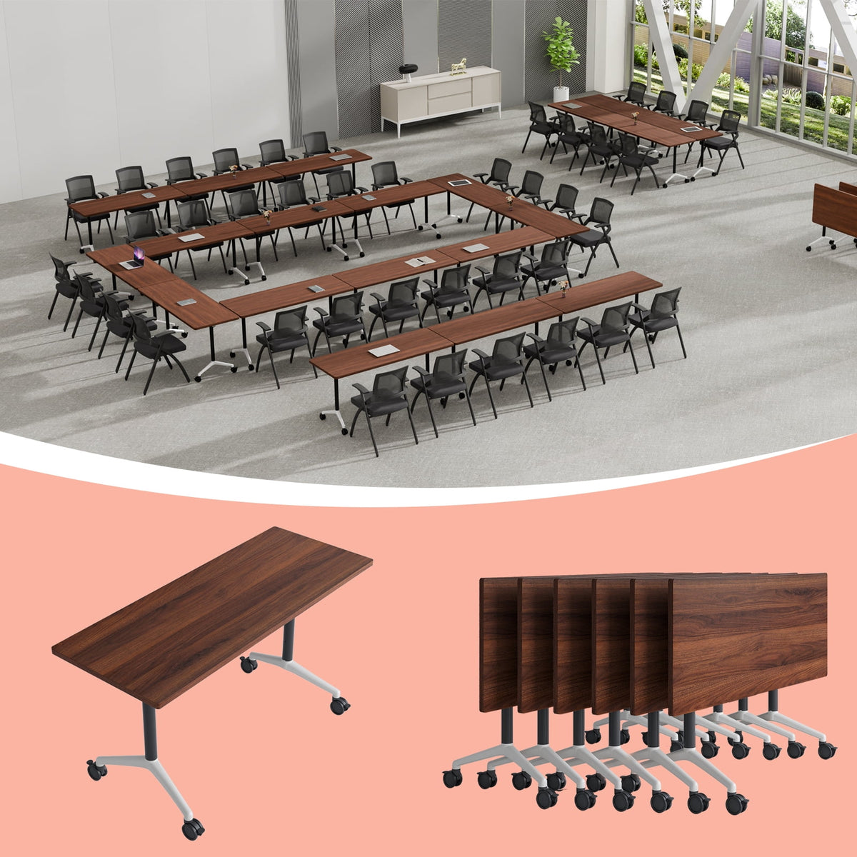 Folding Conference Room Tables with Silent Wheels, 6-12 Person Modern Foldable Modular Meeting Training desk for Office Seminar Boardroom (61 Ebony 8)