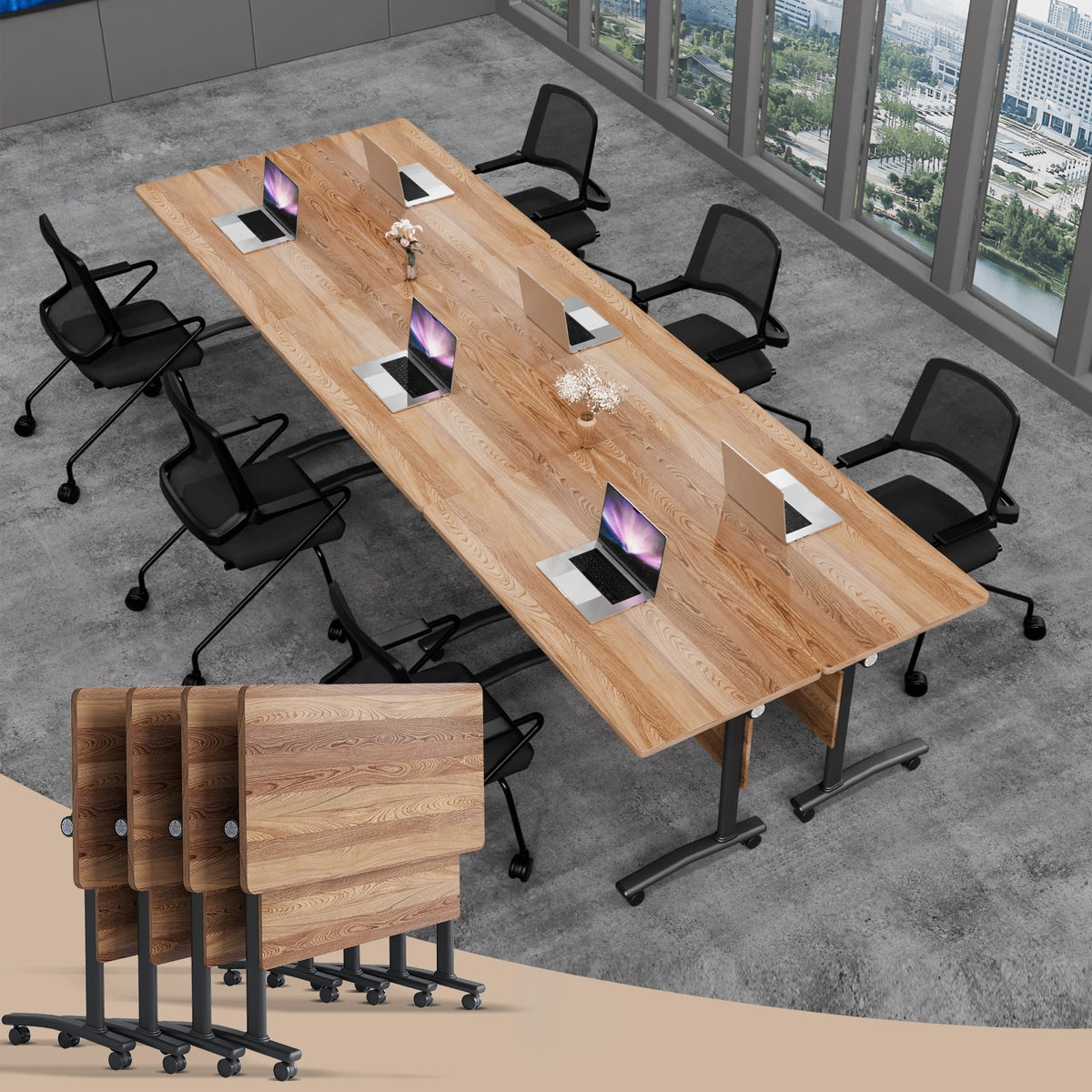 Folding Conference Room Tables with Silent Wheels, 6-12 Person Modern Foldable Modular Meeting Training desk for Office Seminar Boardroom (61 Ebony 8)