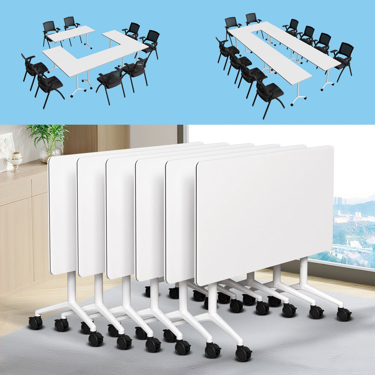 Folding Conference Room Tables with Silent Wheels, 6-12 Person Modern Foldable Modular Meeting Training desk for Office Seminar Boardroom (61 Ebony 8)