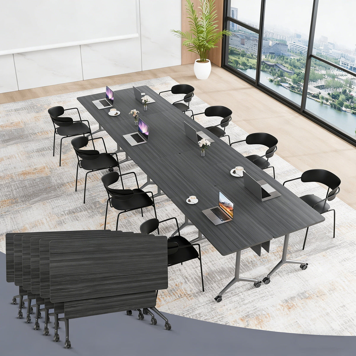 Folding Conference Room Tables with Silent Wheels, 6-12 Person Modern Foldable Modular Meeting Training desk for Office Seminar Boardroom (61 Ebony 8)