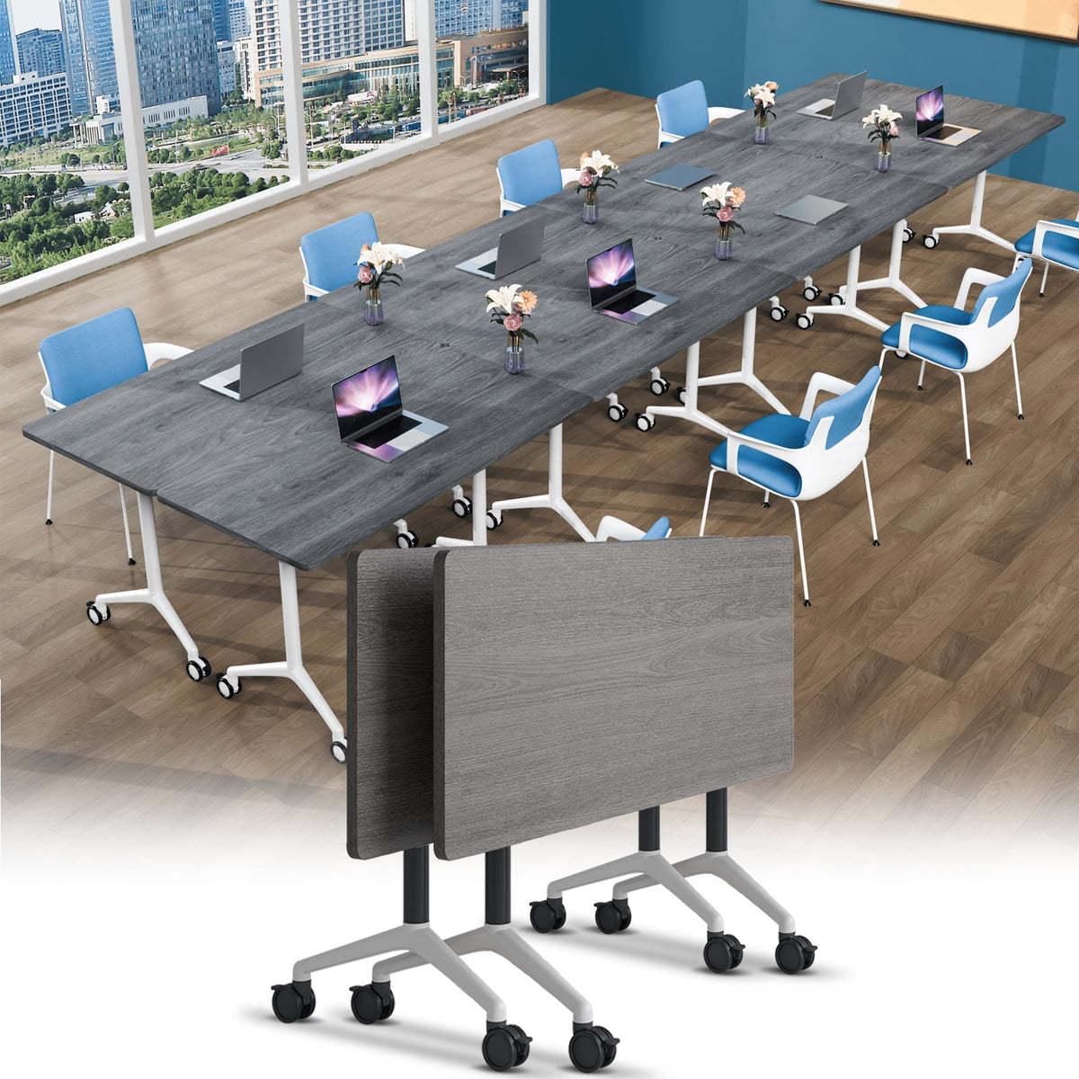 Folding Conference Room Tables with Silent Wheels, 6-12 Person Modern Foldable Modular Meeting Training desk for Office Seminar Boardroom (61 Ebony 8)