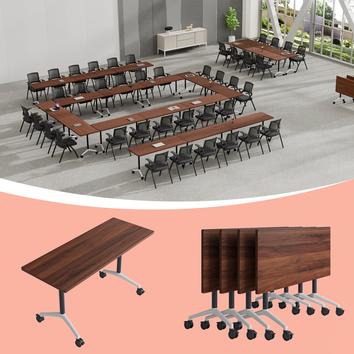 Folding Conference Room Tables with Silent Wheels, 6-12 Person Modern Foldable Modular Meeting Training desk for Office Seminar Boardroom (61 Ebony 8)