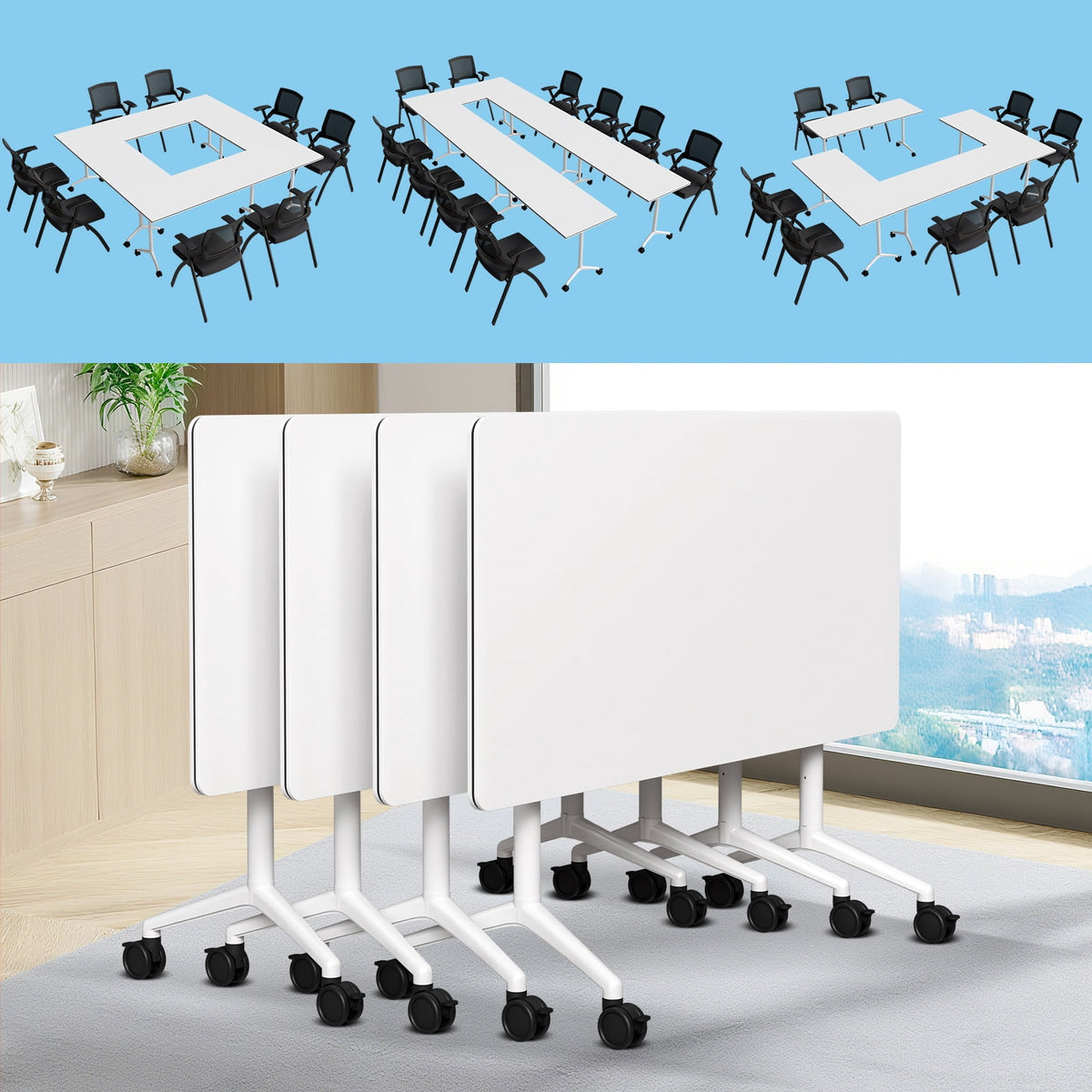 Folding Conference Room Tables with Silent Wheels, 6-12 Person Modern Foldable Modular Meeting Training desk for Office Seminar Boardroom (61 Ebony 8)