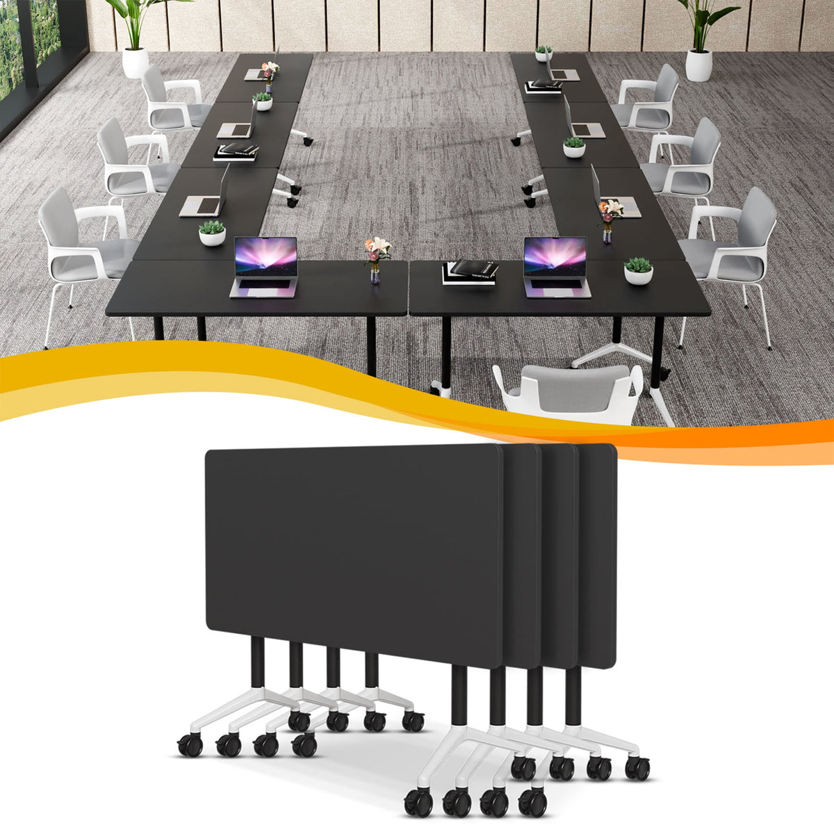 Folding Conference Table with Wheels, Modular Flip Top Meeting Desk, Commercial Training Table for Office Classroom(8,Black 2,61" D X 19.6" W X 29.5" H)