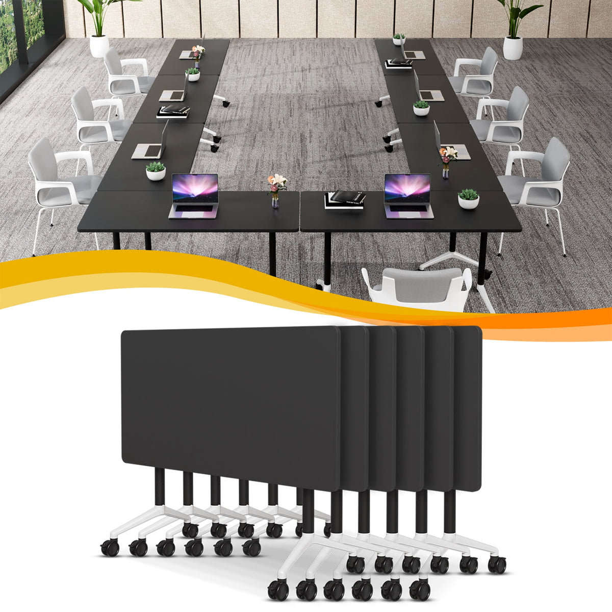 Folding Conference Table with Wheels, Modular Flip Top Meeting Desk, Commercial Training Table for Office Classroom(8,Black 2,61" D X 19.6" W X 29.5" H)