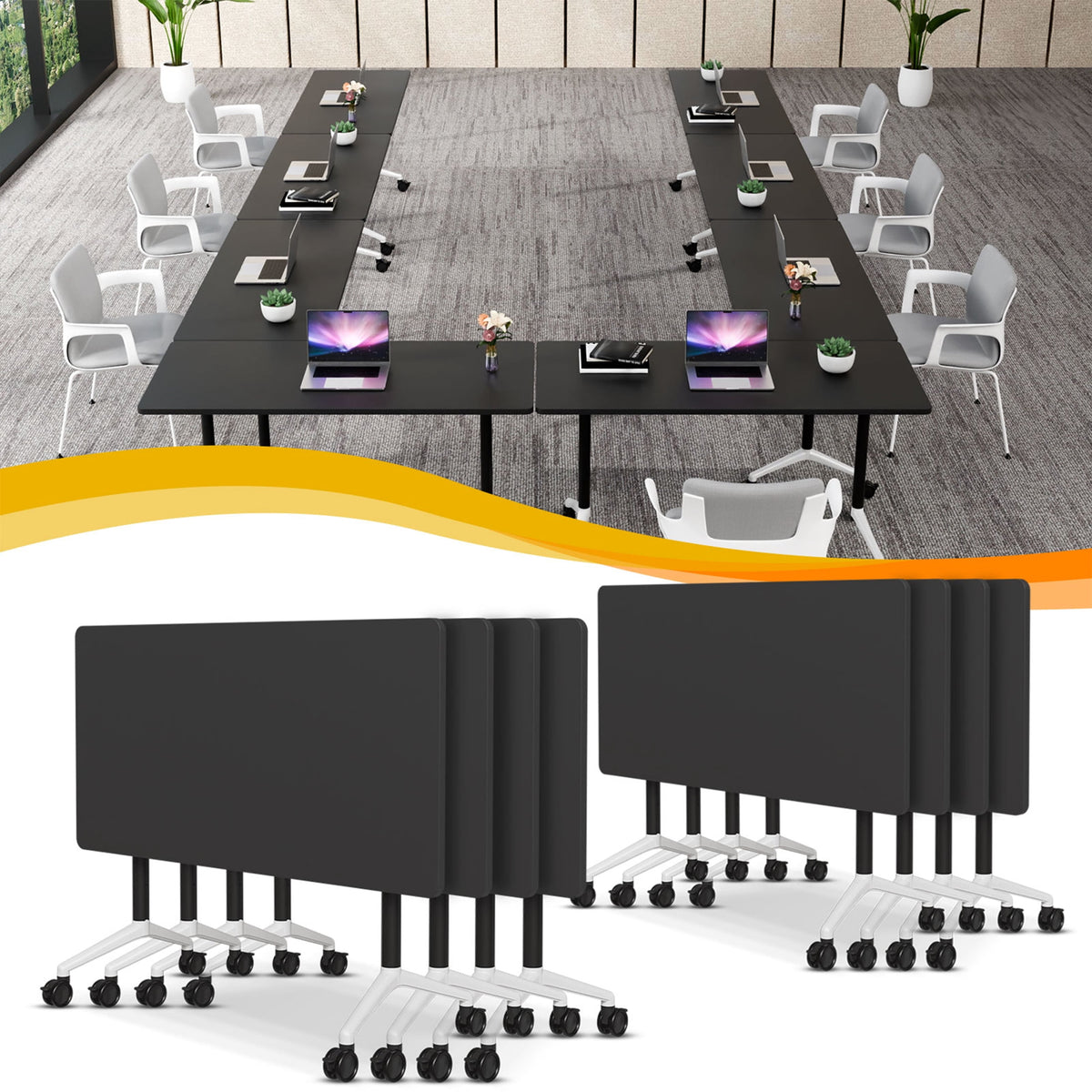Folding Conference Table with Wheels, Modular Flip Top Meeting Desk, Commercial Training Table for Office Classroom(8,Black 2,61" D X 19.6" W X 29.5" H)