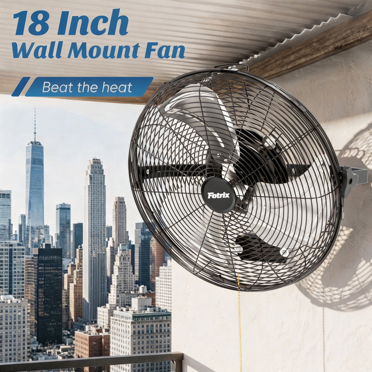 Fotrix 18 Inch Heavy Duty Wall Mount Fan, Industrial Metal Wall Fan with Pull Chain Control, 3 Speed Adjustable Tilt Wall Fan for Garage, Patio, Warehouse, Commercial & Residential Use