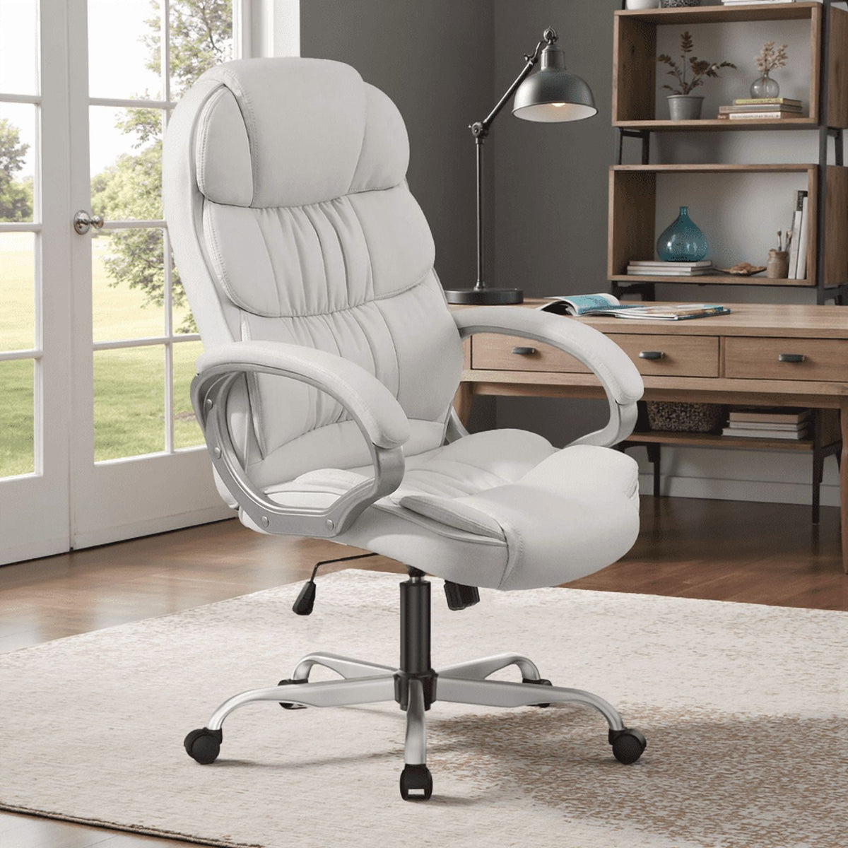 Furmax High Back Office Adjustable Ergonomic Desk Padded Armrests Executive PU Leather Swivel Task Chair with Lumbar Support, Black