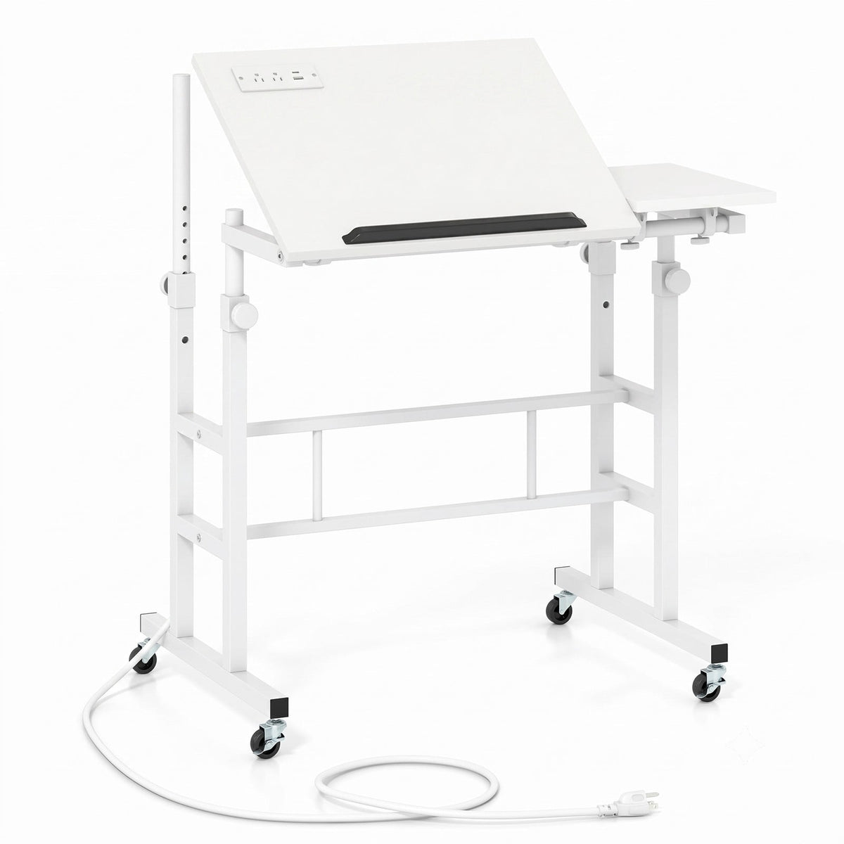 Furnibear Mobile Standing Desk Height Adjustable Computer Workstation with 2 Tilting Desktops, Rolling Sit Stand Desk with Charging Station, USB & Type-C Ports, White