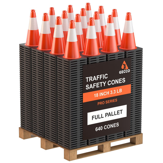 GECCO™ (640 Cones per Pallet) 18 Inch 3.3 Lb Orange Traffic Cones in Bulk | PVC Plastic & Black Base - [PRO SERIES]