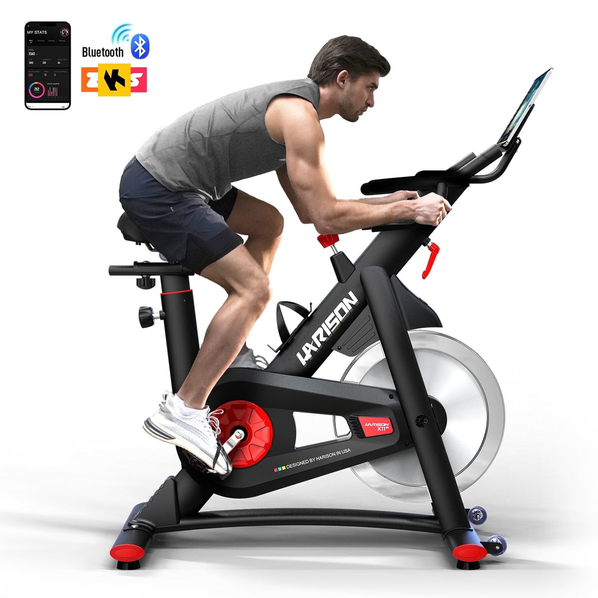 HARISON Semi-Commercial Magnetic Exercise Bike with 400LBS Capacity, Indoor Cycling Bike with Bluetooth, Tablet Holder & Dumbbell Rack for Home Gym