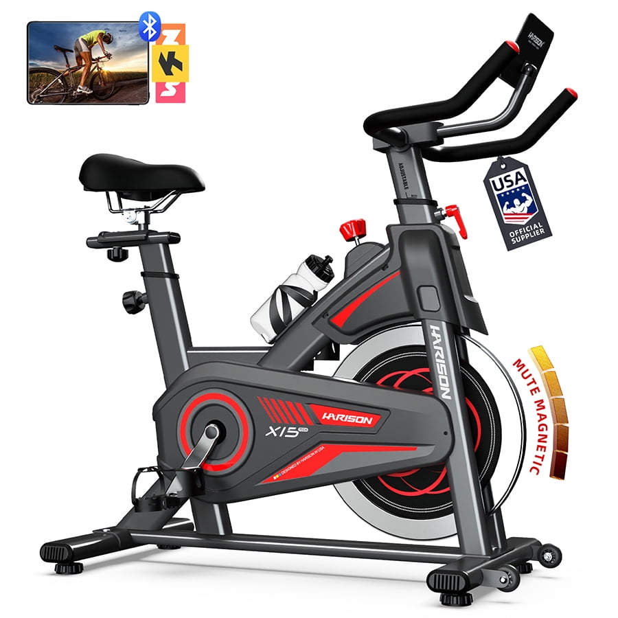HARISON Semi-Commercial Magnetic Exercise Bike with 400LBS Capacity, Indoor Cycling Bike with Bluetooth, Tablet Holder & Dumbbell Rack for Home Gym
