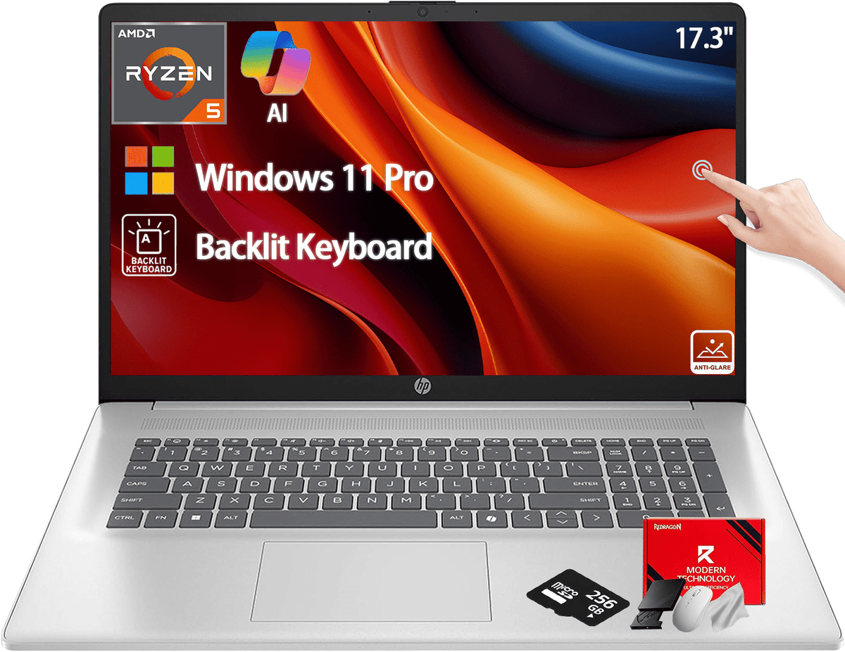 HP 17 Business Computer Laptop 2026, 17.3" HD+ Touchscreen Display, AMD Ryzen 5 7430U, Copilot AI, Backlit Keyboard, Wi-Fi 6, Fast Charge, Windows 11 Pro (8GB RAM | 256GB SSD)
