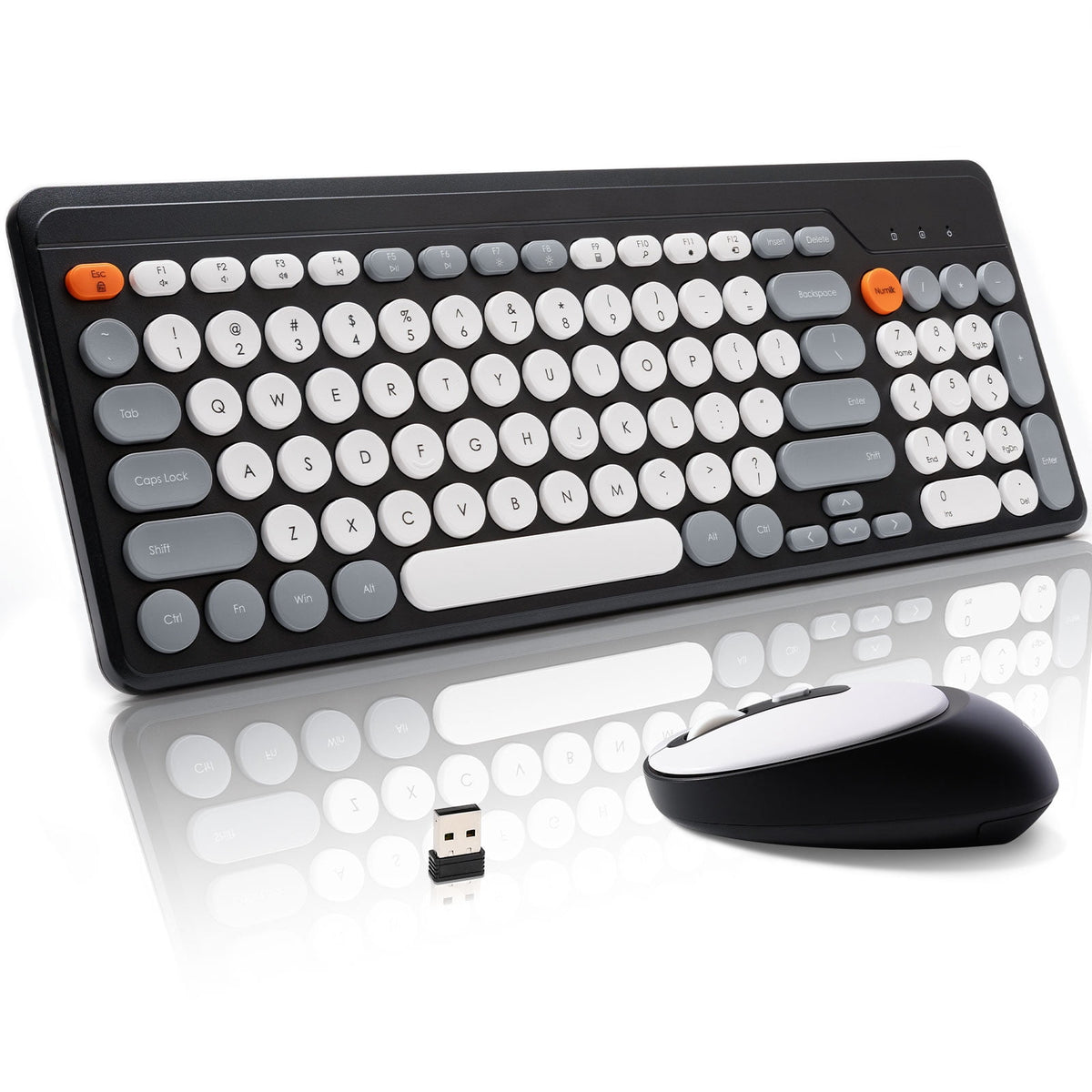 HUO JI Wireless Keyboard and Mouse Combos,USB 2.4GHz Receiver Plug and Play, Mixed Color Round Keycaps Retro Office Keyboards, for Windows, Mac, PC, Laptop, Desktop.(Black Grey)