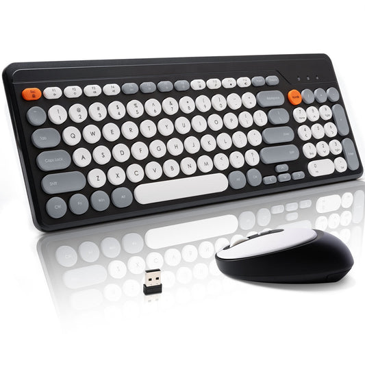 HUO JI Wireless Keyboard and Mouse Combos,USB 2.4GHz Receiver Plug and Play, Mixed Color Round Keycaps Retro Office Keyboards, for Windows, Mac, PC, Laptop, Desktop.(Black Grey)