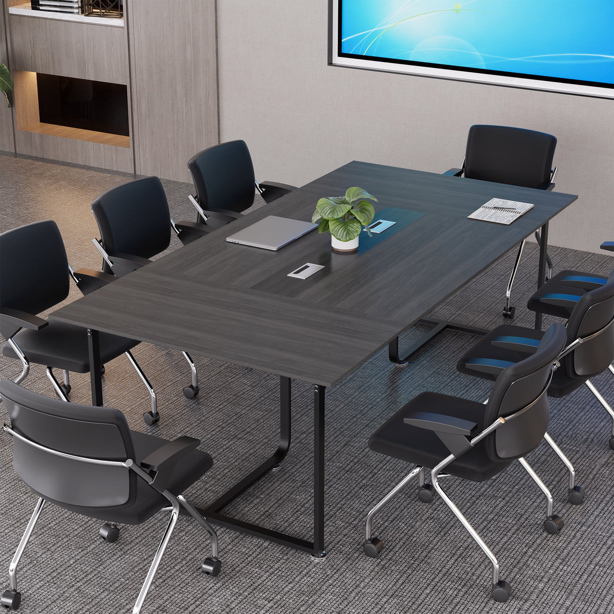 Haooyeah Conference Table 94.4" x 47.2", Large Meeting Desk, Flip-Top Cable Management Box, Double Reinforced Frame, Triangular Support Base, Adjustable Foot Pads, Gray