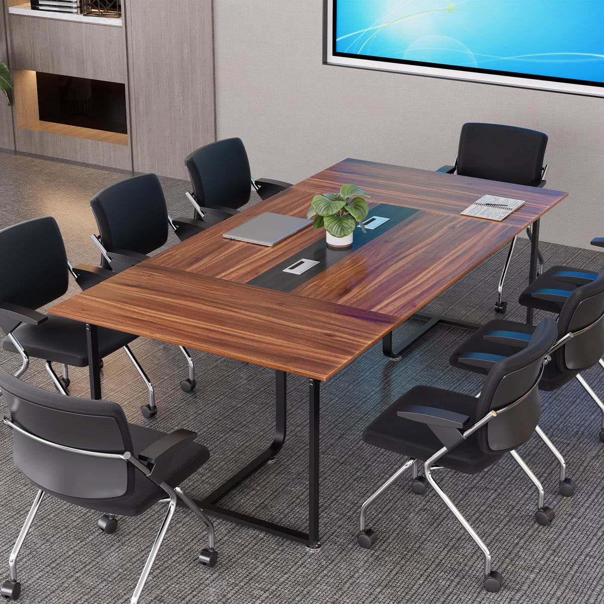 Haooyeah Conference Table 94.4" x 47.2", Large Meeting Desk, Flip-Top Cable Management Box, Double Reinforced Frame, Triangular Support Base, Adjustable Foot Pads, Gray