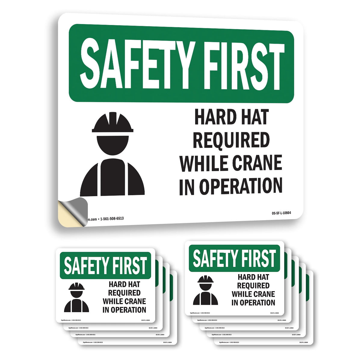 Hard Hat Required Crane Operation OSHA SAFETY FIRST Vinyl Decal Label 7 Inch x 5 Inch - 10 Pack