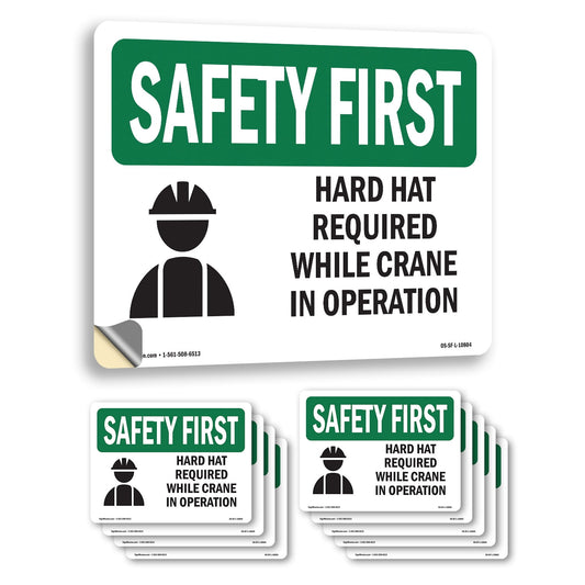 Hard Hat Required Crane Operation OSHA SAFETY FIRST Vinyl Decal Label 7 Inch x 5 Inch - 10 Pack