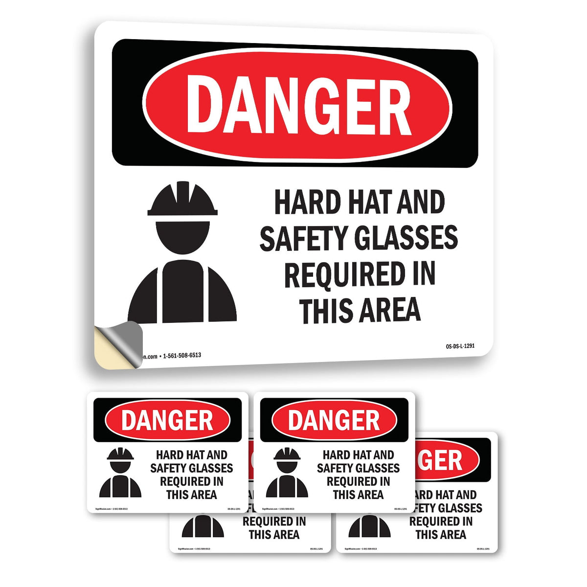 Hard Hat Safety Glasses Required In Area OSHA Danger Vinyl Decal Label 14 Inch x 10 Inch - 5 Pack