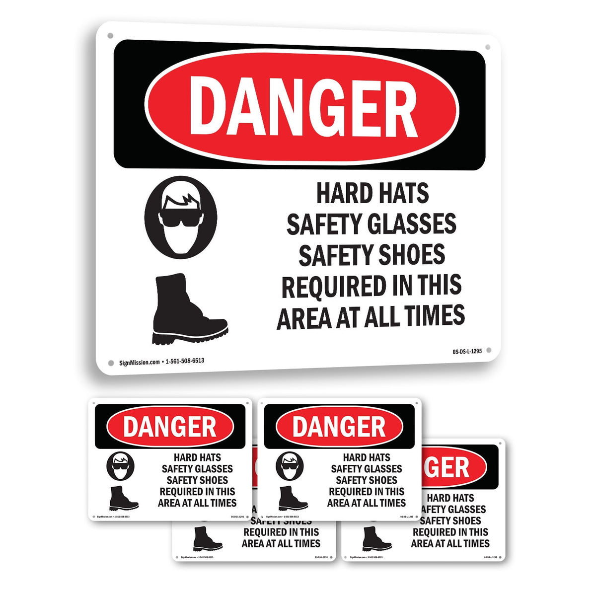 Hard Hats Safety Glasses Shoes Required OSHA Danger Aluminum Sign 24 Inch x 18 Inch - 5 Pack