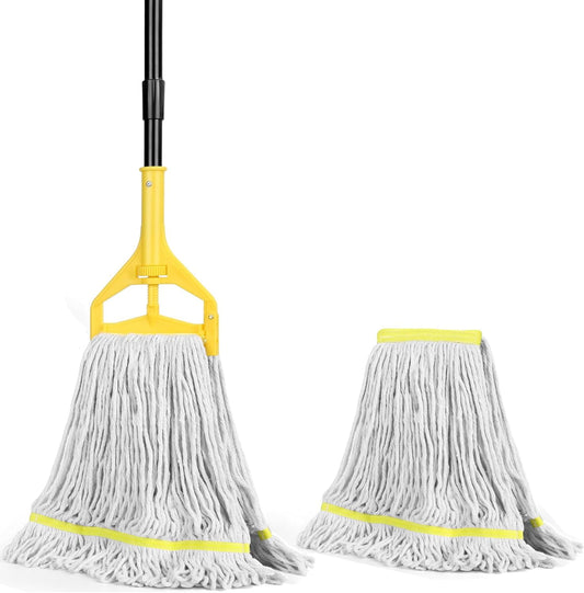 Heavy Duty Commercial Industrial Cotton Mop with Long Handle,Looped-End String Wet Mops with Replacement Mop Head for Home,Garage,Office, Workshop, Warehouse Floor Cleaning