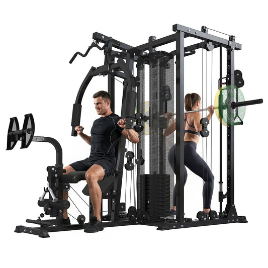 gymusclo Multifunction Home Gym Equipment Workout Station, Smith Machine with 150LBS Weight Stack, Cable Crossover, Leg Press, LAT Station, Heavy Duty Functional Trainer for Full Body Training