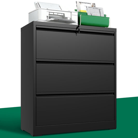 IKIMI 3-Drawer Lateral File Cabinet with Lock, 35.4" Wide Metal Filing Cabinet for Letter/Legal/A4 Files, Black