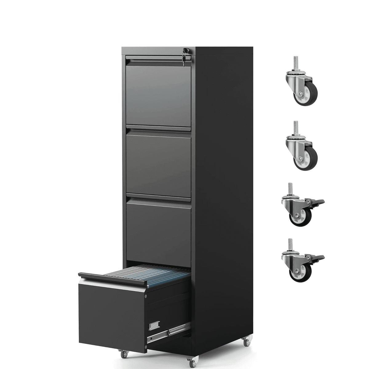IKIMI 4-Drawer Vertical File Cabinets with Lock, Portable Rolling Metal Filing Cabinet for Legal/Letter/A4 Files, Black