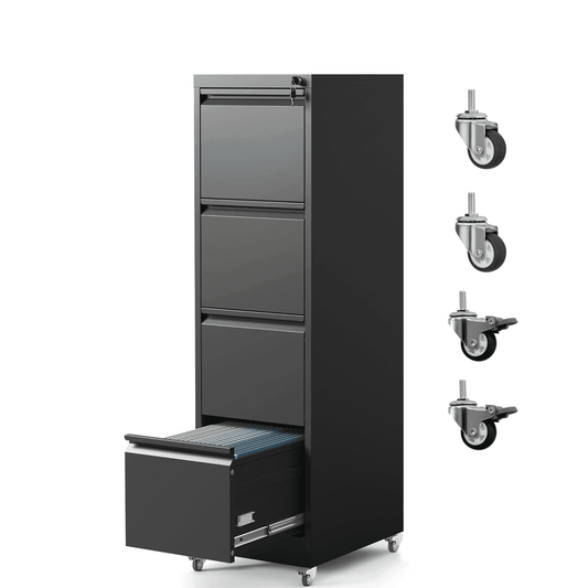 IKIMI 4-Drawer Vertical File Cabinets with Lock, Portable Rolling Metal Filing Cabinet for Legal/Letter/A4 Files, Black