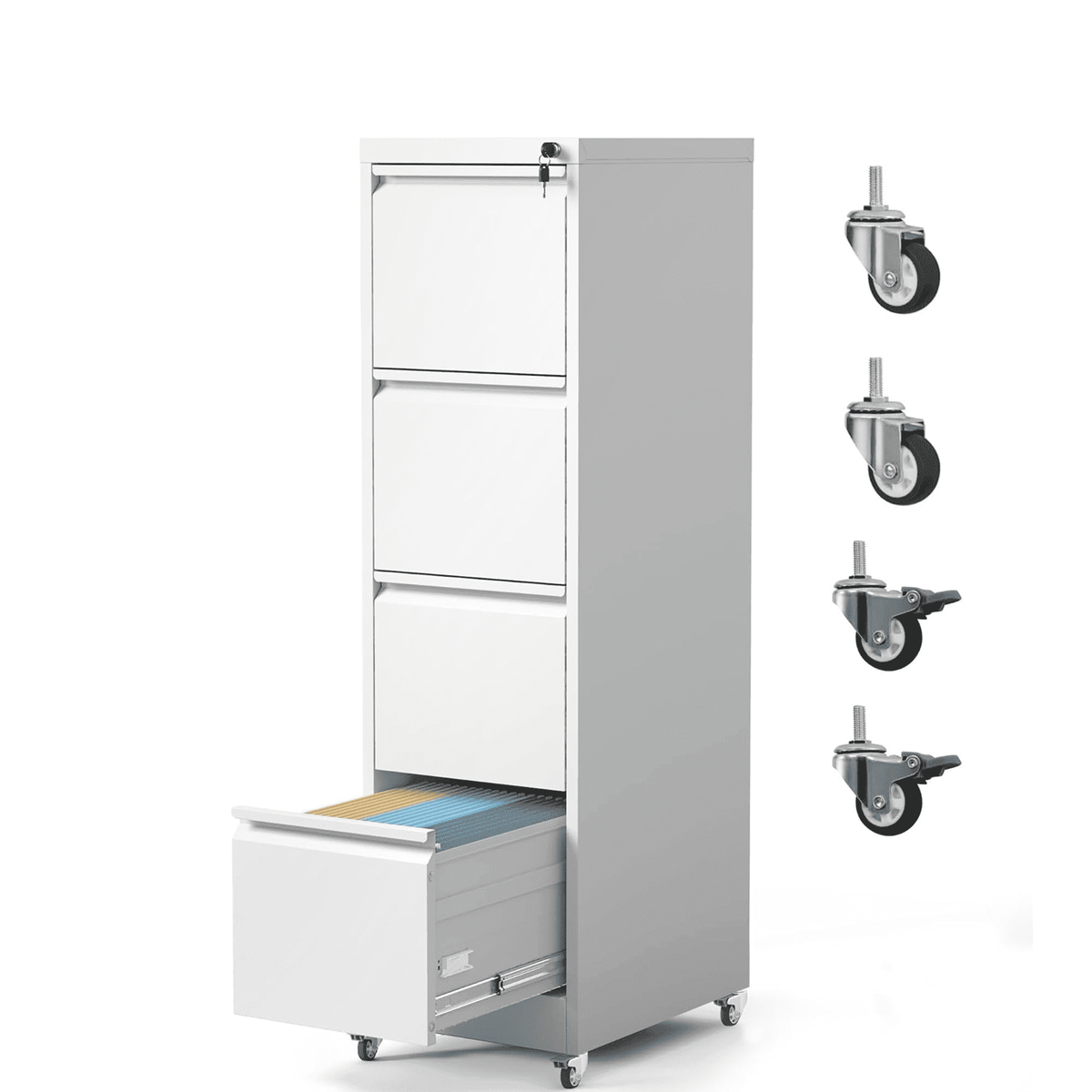 IKIMI 4-Drawer Vertical File Cabinets with Lock, Portable Rolling Metal Filing Cabinet for Legal/Letter/A4 Files, Black
