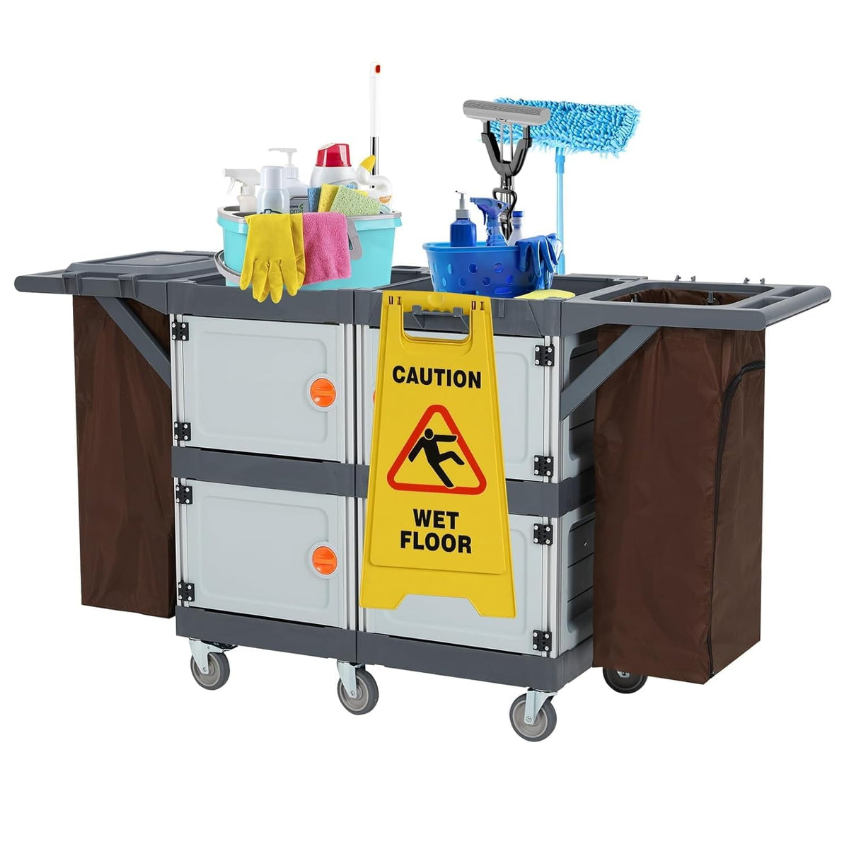 IdeaHouse Janitorial Cart with 2 Cabinets, 3-Shelf Commercial Cleaning Cart on Wheels with Cover & Vinyl Bag, Silent Casters, Heavy-Duty Housekeeping & Custodial Utility Cart