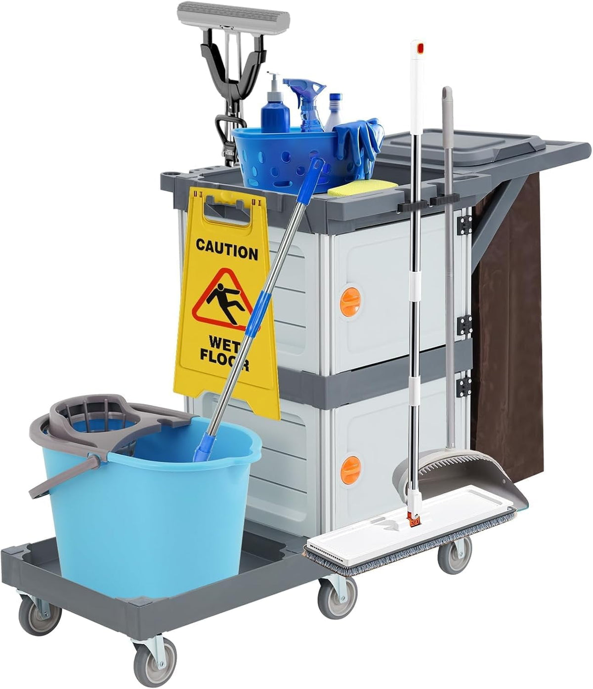 IdeaHouse Janitorial Cart with 2 Cabinets, 3-Shelf Commercial Cleaning Cart on Wheels with Cover & Vinyl Bag, Silent Casters, Heavy-Duty Housekeeping & Custodial Utility Cart
