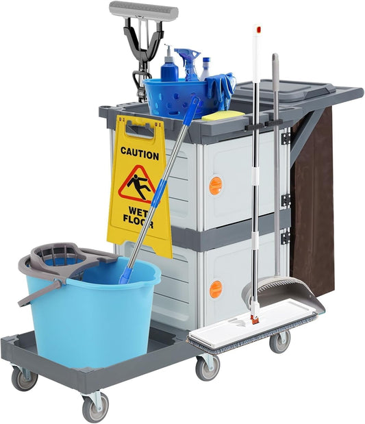 IdeaHouse Janitorial Cart with 2 Cabinets, 3-Shelf Commercial Cleaning Cart on Wheels with Cover & Vinyl Bag, Silent Casters, Heavy-Duty Housekeeping & Custodial Utility Cart