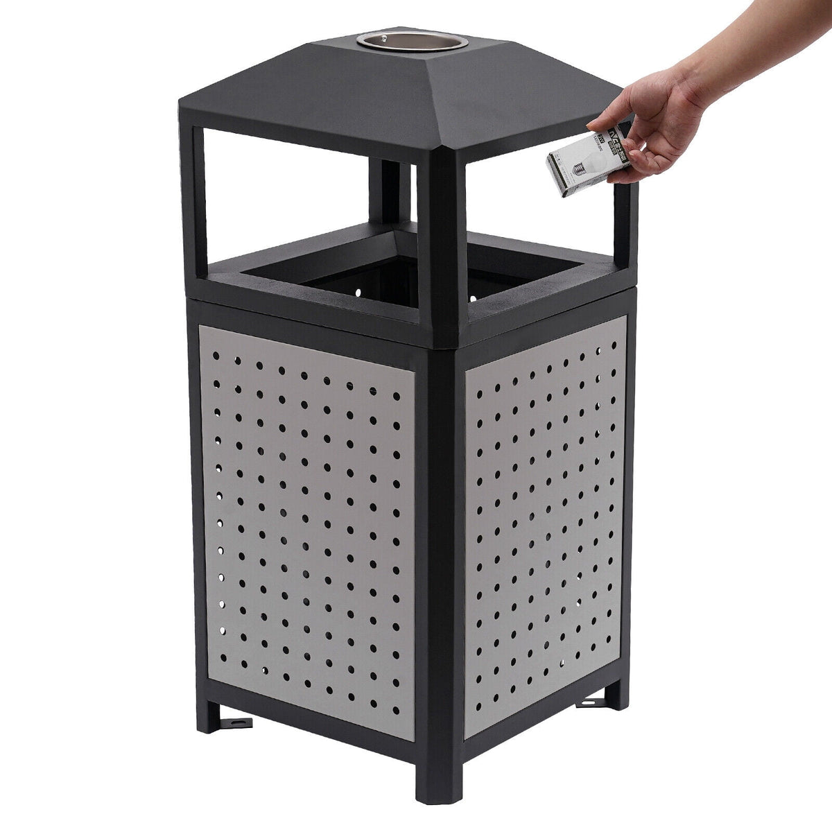 Industrial 15 Gallon Trash Can, Commercial Outdoor Waste Container Galvanized Steel Garbage Can for Indoor Outdoor Use, Grey Trash Receptacle Garbage Enclosure with Ashtray for Kitchen