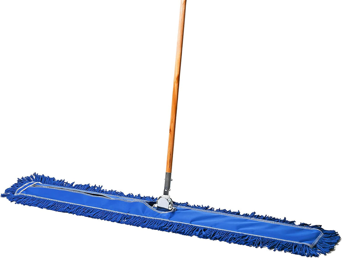 Industrial Dry Mop with 48 in Reusable Mop Head and Wooden Handle for Hardwood Floors Blue