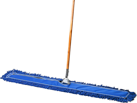 Industrial Dry Mop with 48 in Reusable Mop Head and Wooden Handle for Hardwood Floors Blue
