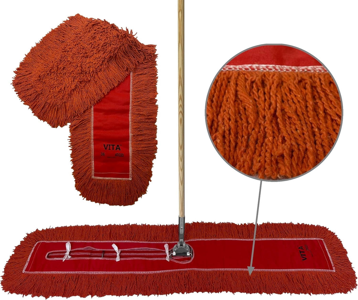 Industrial Dust Mop Kit – Includes 60 Inch Blue Twisted Closed Loop Mop Head, Wood Handle, and Heavy-Duty Wire Frame – Commercial Grade for Janitorial & Facility Cleaning