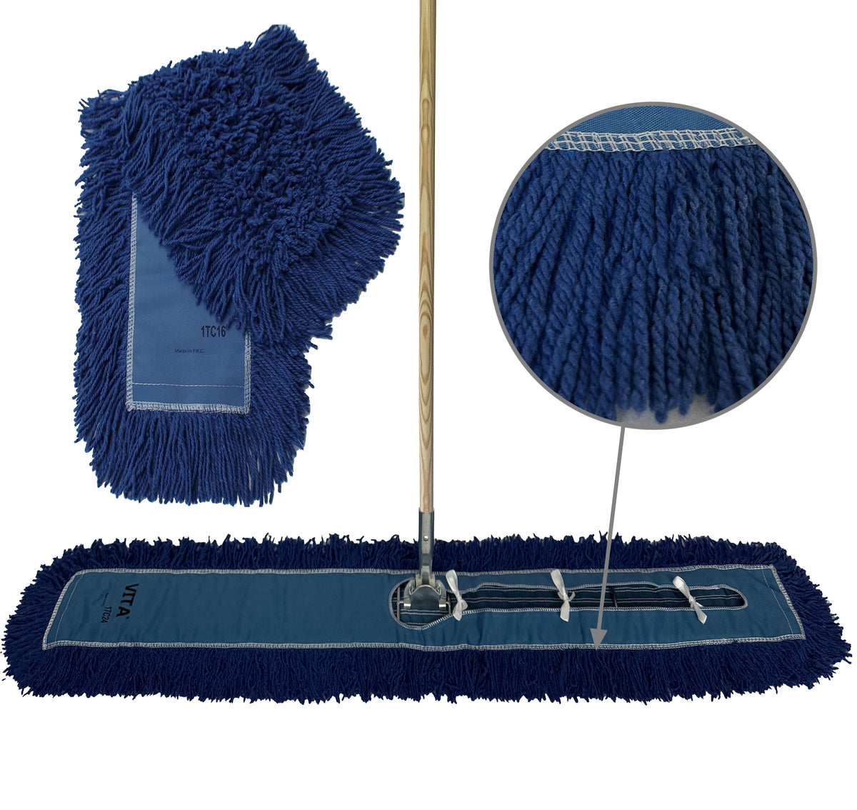 Industrial Dust Mop Kit – Includes 60 Inch Blue Twisted Closed Loop Mop Head, Wood Handle, and Heavy-Duty Wire Frame – Commercial Grade for Janitorial & Facility Cleaning