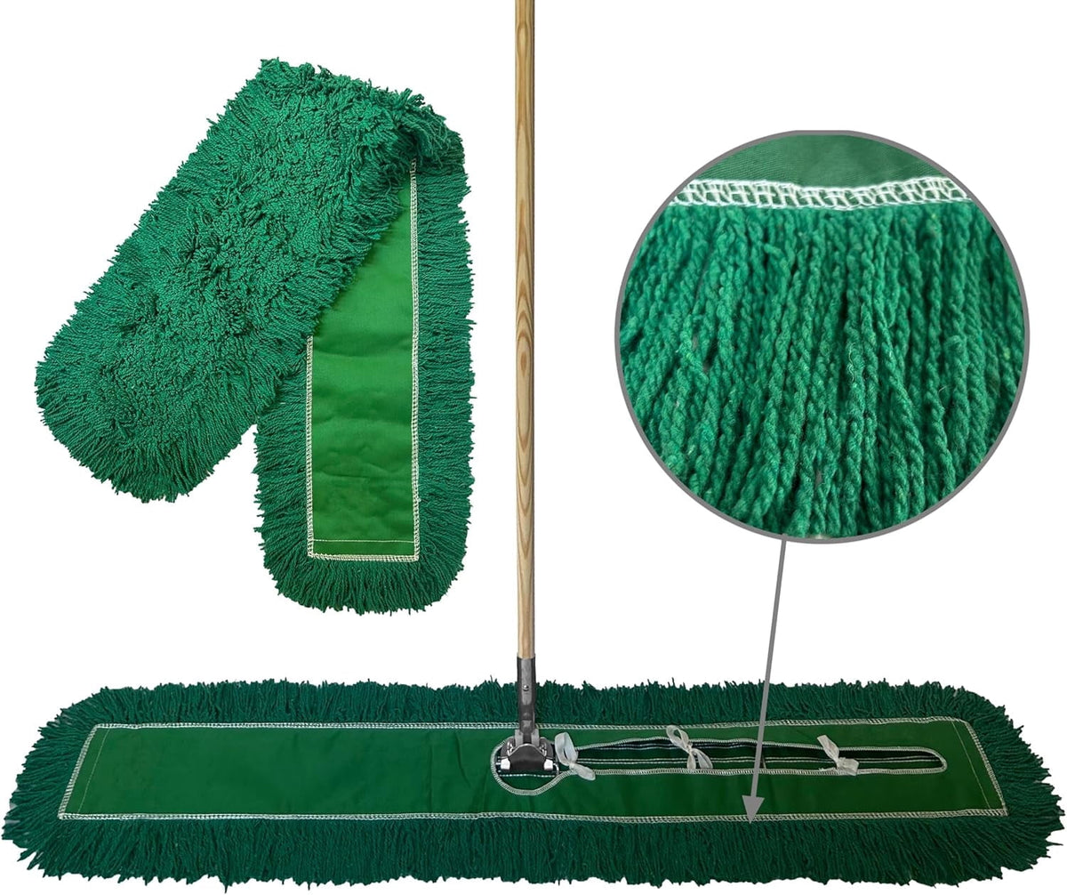 Industrial Dust Mop Kit – Includes 60 Inch Blue Twisted Closed Loop Mop Head, Wood Handle, and Heavy-Duty Wire Frame – Commercial Grade for Janitorial & Facility Cleaning