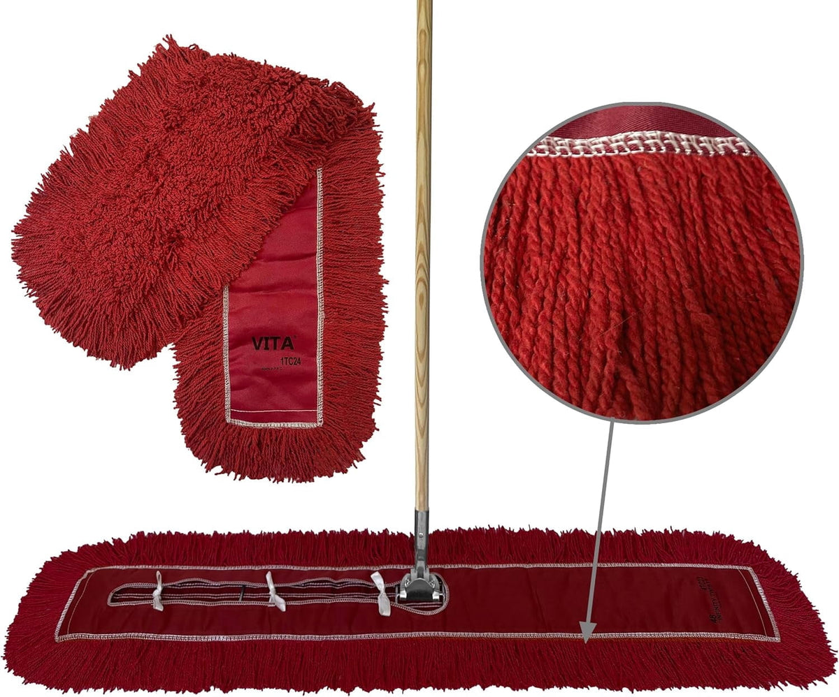 Industrial Dust Mop Kit – Includes 60 Inch Blue Twisted Closed Loop Mop Head, Wood Handle, and Heavy-Duty Wire Frame – Commercial Grade for Janitorial & Facility Cleaning