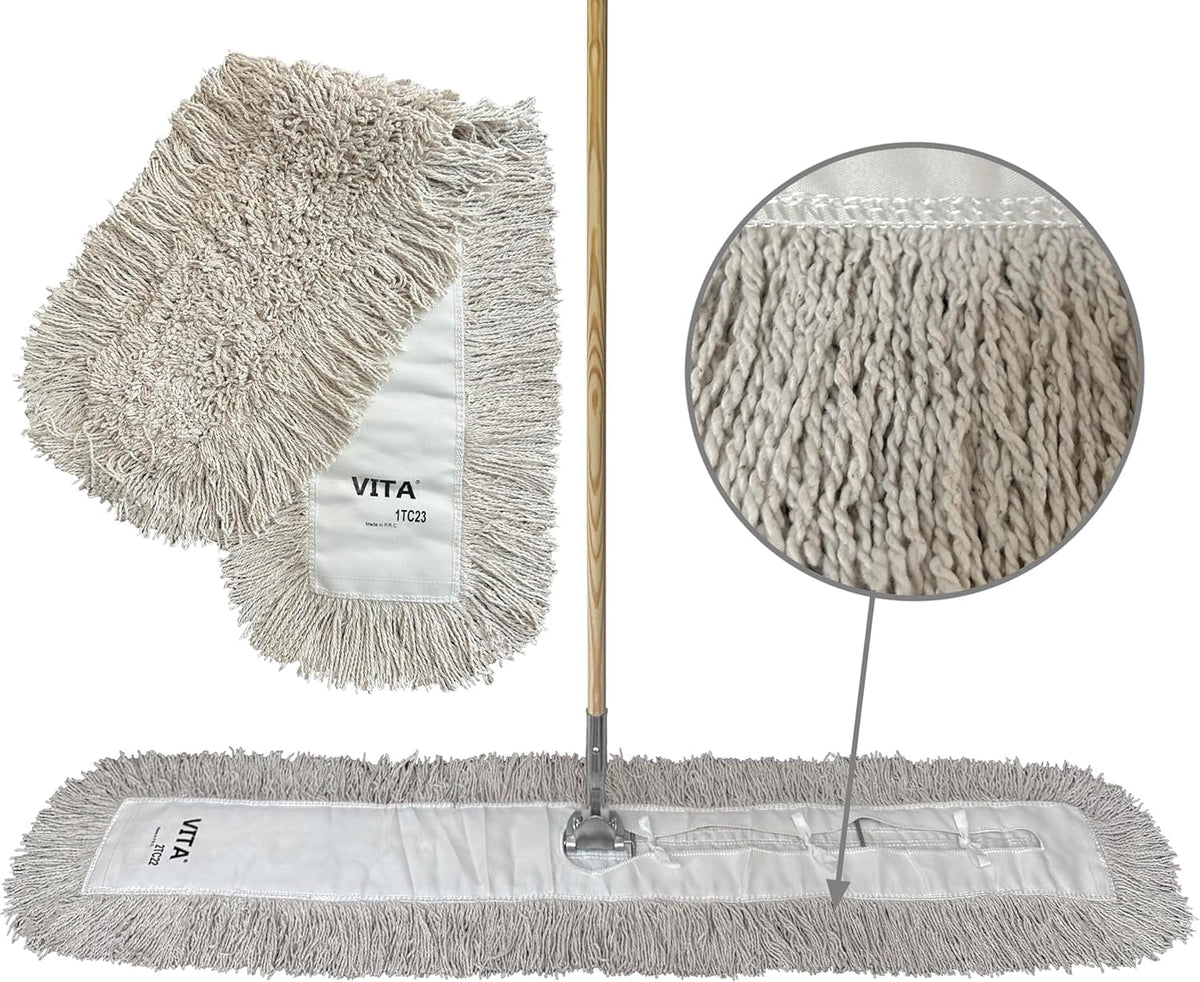 Industrial Dust Mop Kit – Includes 60 Inch Blue Twisted Closed Loop Mop Head, Wood Handle, and Heavy-Duty Wire Frame – Commercial Grade for Janitorial & Facility Cleaning